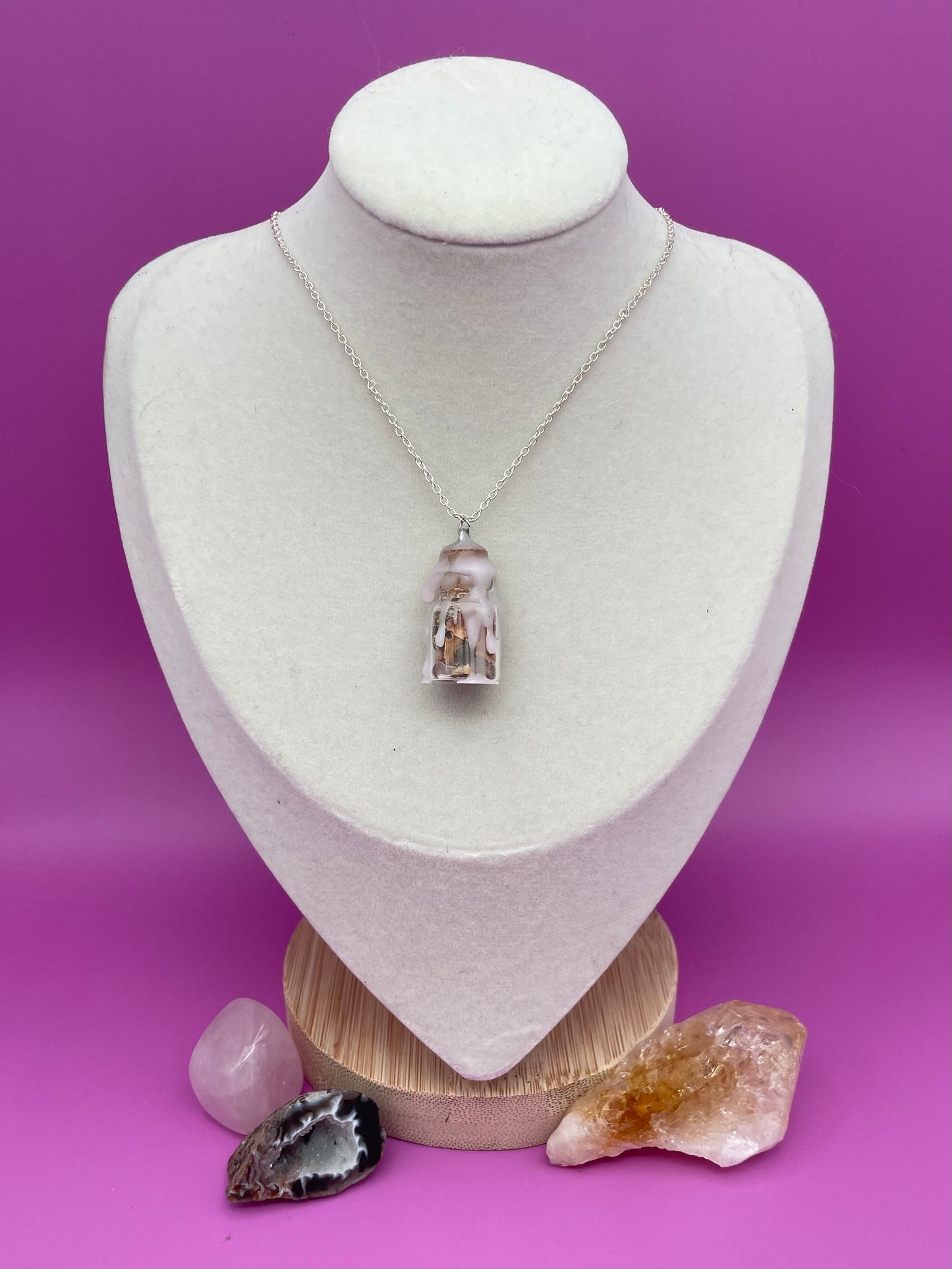 Self-love spell jar necklace topped with white and pink wax